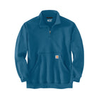 Blue pullover sweatshirt with a brand logo on a white background