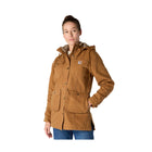 Woman wearing a brown jacket on a white background