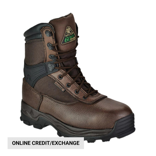 Brown waterproof work boot with black sole, laces, and Rocky 600 logo patch