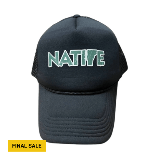 Black mesh-back trucker hat with teal and white "NATV" text on the front