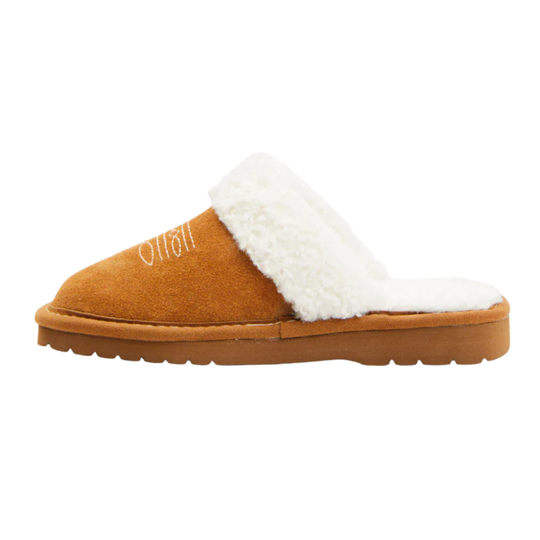 A single slip-on mule slipper in tan suede with a plush white shearling lining and a tan sole, shown from the side on a white background.
