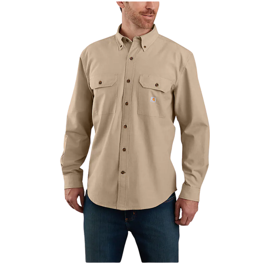 Male model wearing Carhartt Men's Fort Loose Long Sleeve Shirt - Dark Tan Chambray on a white background