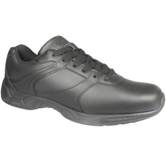 A black leather safety shoe with a thick gray sole, shown from a three-quarters angle against a plain white background.