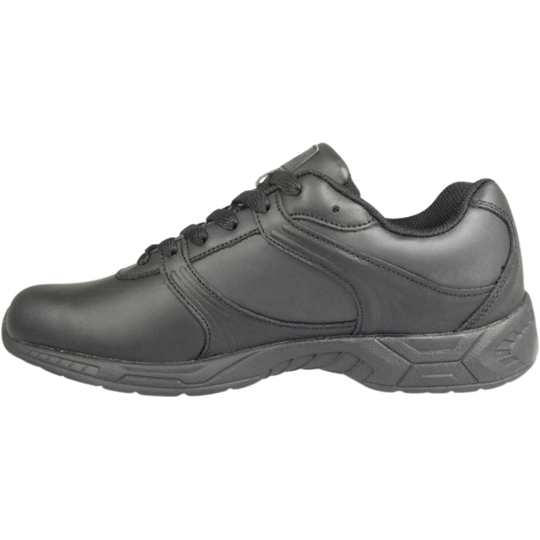 A black leather safety shoe with a thick gray sole, shown from a left angle against a plain white background.