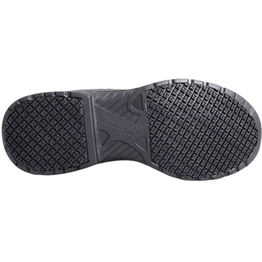The black textured rubber outsole of a shoe, showing the tread pattern and embossed logo on a plain white background.