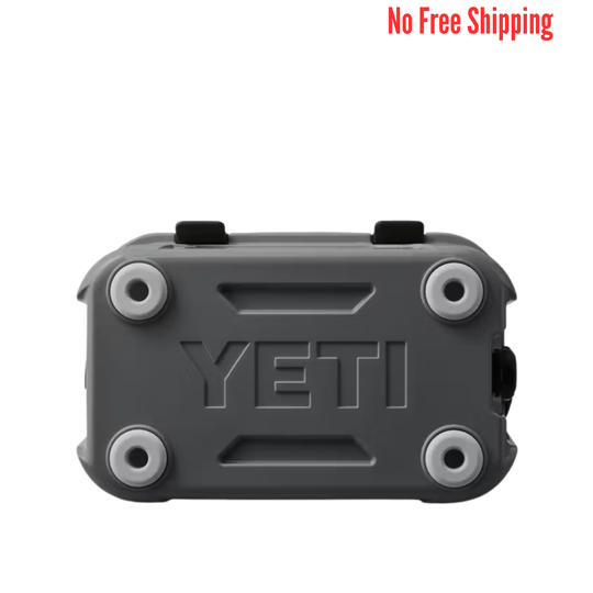 Gray YETI cooler with 'No Free Shipping' text in red at the top