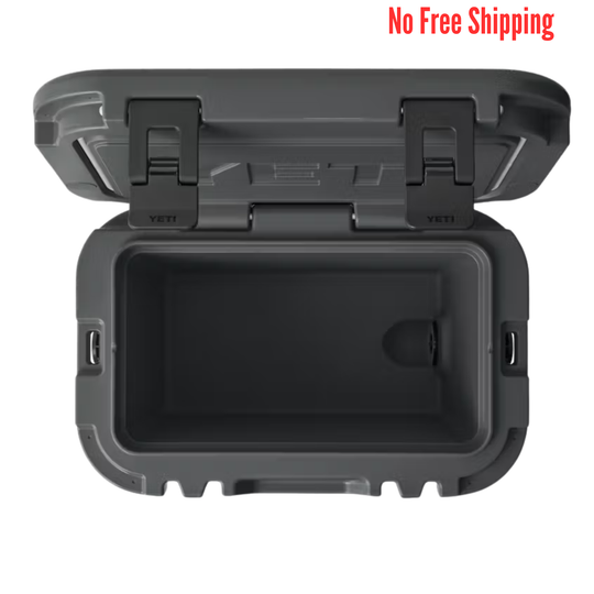 Black and gray Yeti cooler with open lid on a white background
