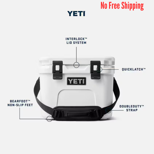 YETI cooler with feature labels on a white background