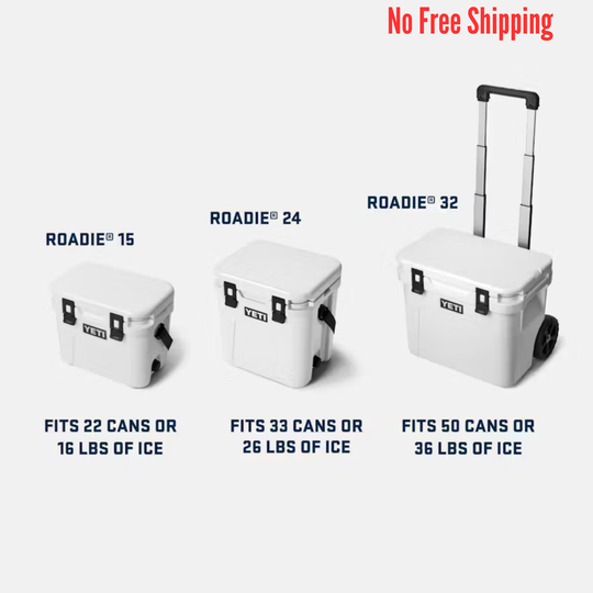 Three YETI coolers of different sizes with capacity details on a white background.