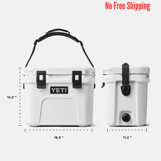 White YETI cooler with dimensions and 'No Free Shipping' text on a white background