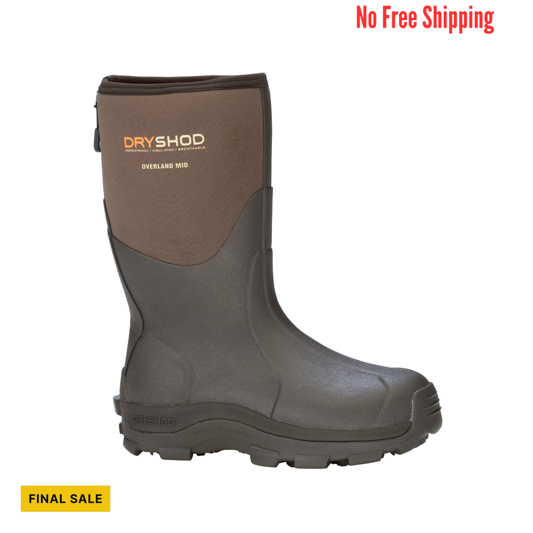 Gray rubber boot with brown top on a white background, featuring the Dryshod brand.