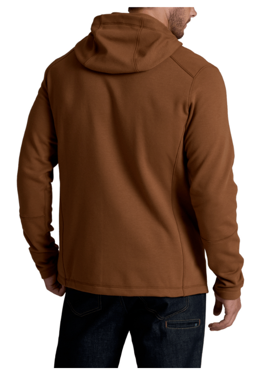 A man wearing a brown hooded jacket, shown from the back, paired with dark blue jeans against a plain white background.
