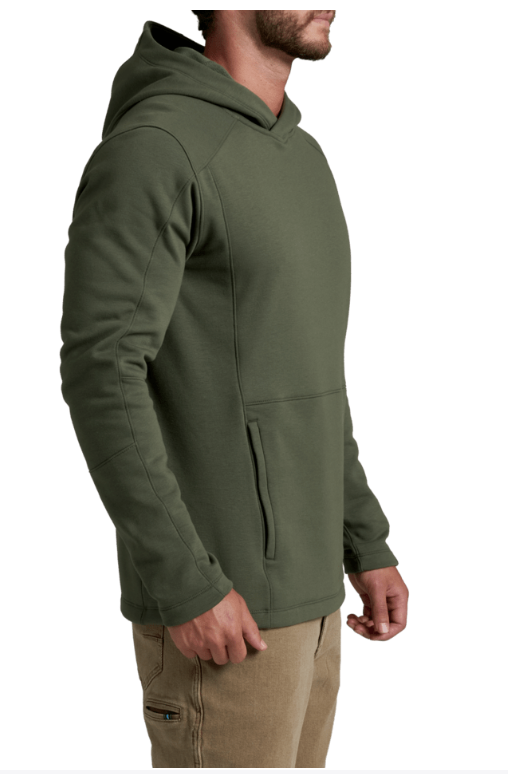 A man wearing an olive green pullover hoodie, shown from a side profile view against a plain white background.