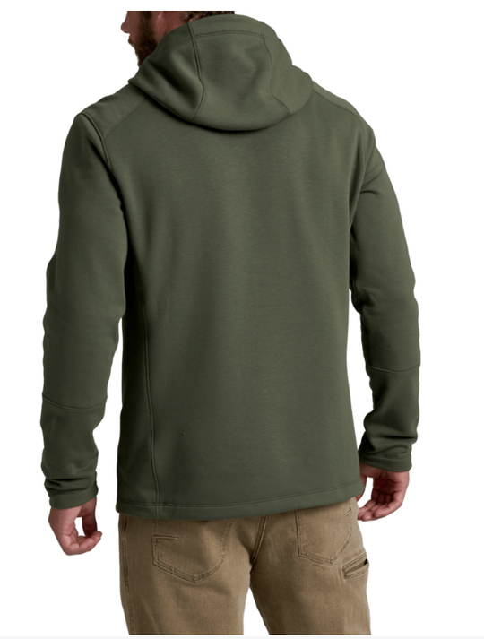 A man wearing an olive green hooded sweatshirt, shown from the back against a plain white background.