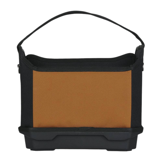 A black utility tote bag with a tan front panel and a black plastic base, shown against a plain white background.