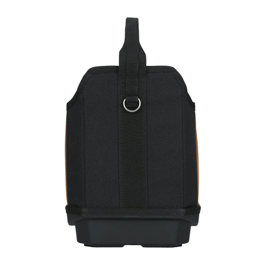 Black canvas utility bag with a top carry handle, silver metal D-ring, and black plastic base, shown from the back on a white background.