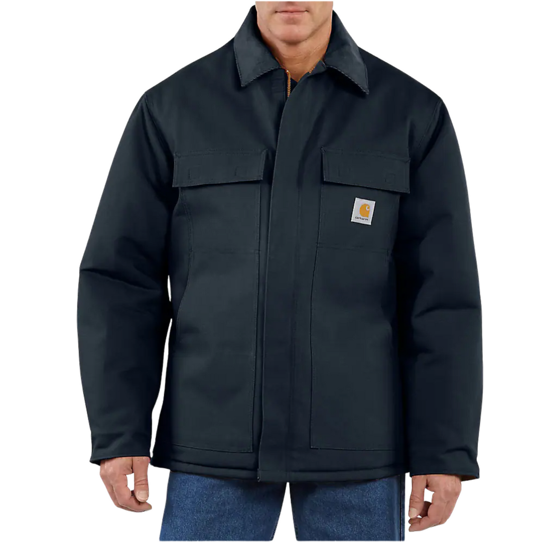 Carhartt Men's Loose Fit Firm Duck Insulated Traditional Coat - Dark Navy on male model on white background