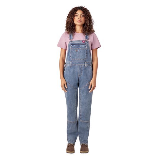 Dickies Women's Double Front Bib Overalls - Light Stonewash on a female model on a white background. 