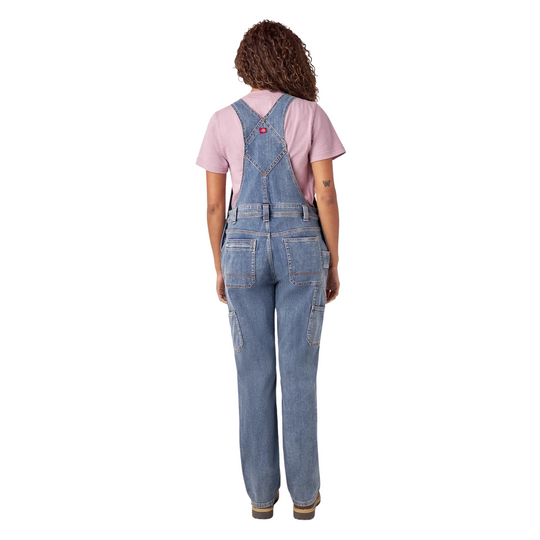 Dickies Women's Double Front Bib Overalls - Light Stonewash on a female model on a white background. 