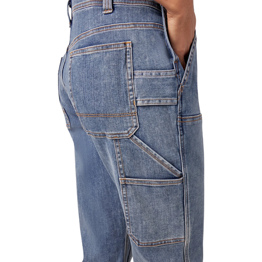 Dickies Women's Double Front Bib Overalls - Light Stonewash on a female model on a white background. 
