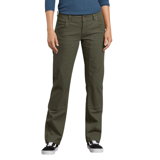 Dickies Women's Flex Relaxed Fit Duck Carpenter Pants - Rinsed Moss Green on a female model on a white background.