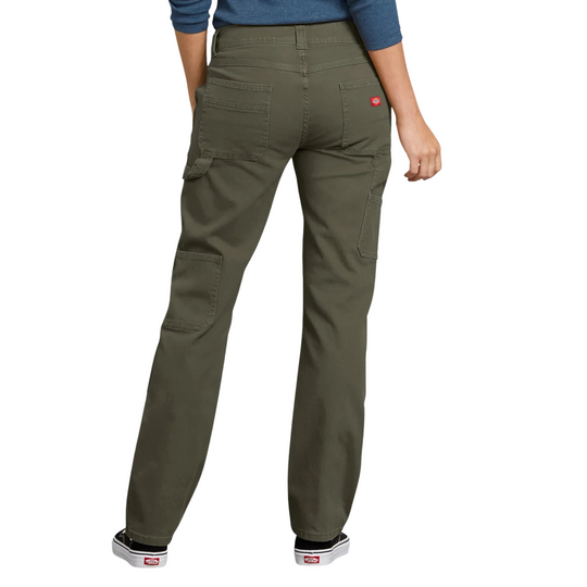 Dickies Women's Flex Relaxed Fit Duck Carpenter Pants - Rinsed Moss Green on a female model on a white background.