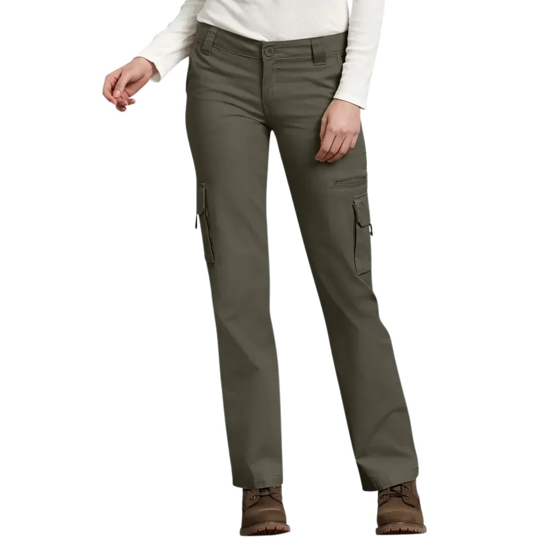 Dickies Women's Relaxed Fit Straight Leg Cargo Pants - Rinsed Grape Leaf on a female model on a white background