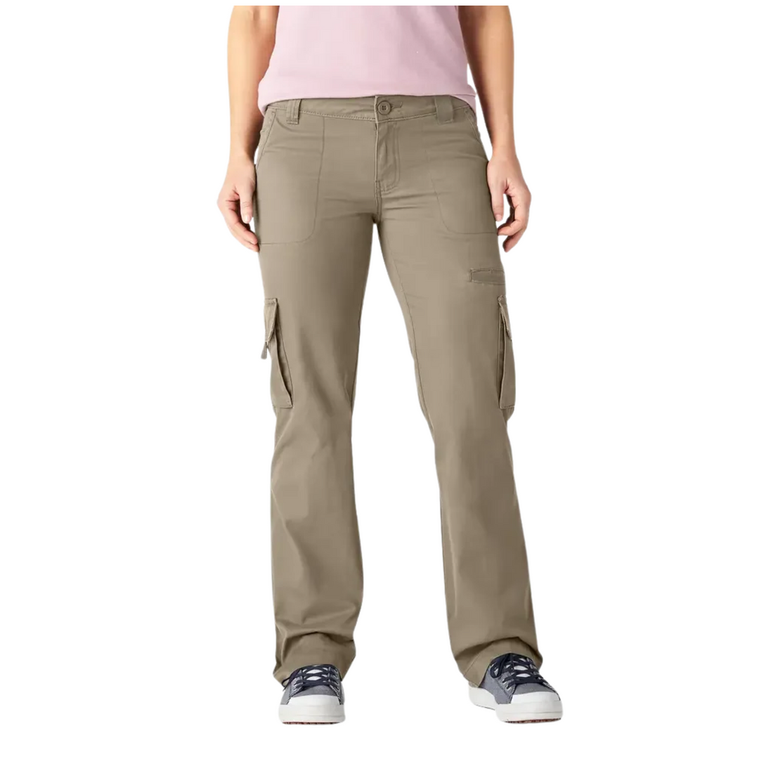 Dickies Women's Relaxed Fit Straight Leg Cargo Pants - Rinsed Desert Sand on female model on a white background.