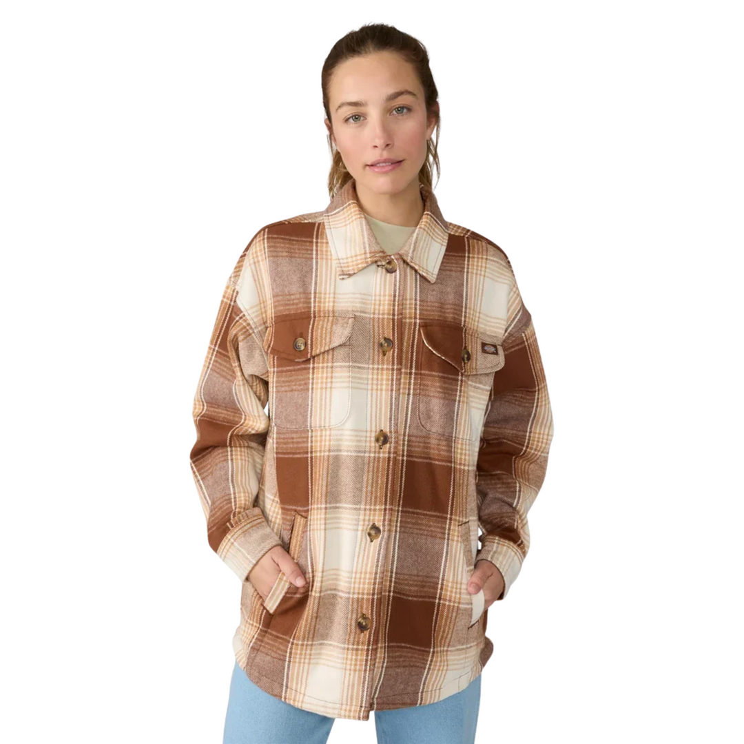 Dickies Women's Flannel Shacket - Cappuccino on a female model on a white background.