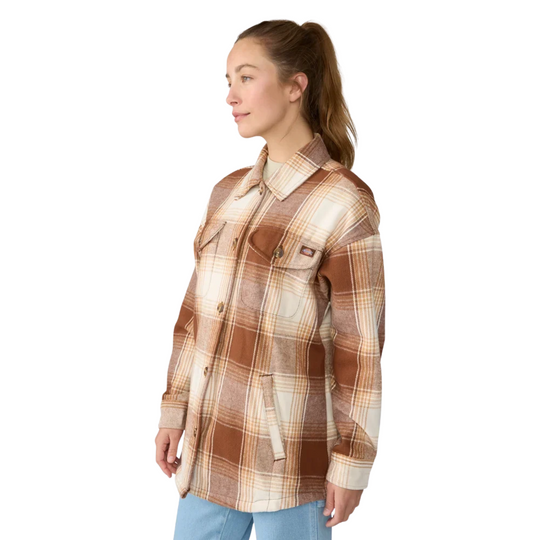 Dickies Women's Flannel Shacket - Cappuccino on a female model on a white background.