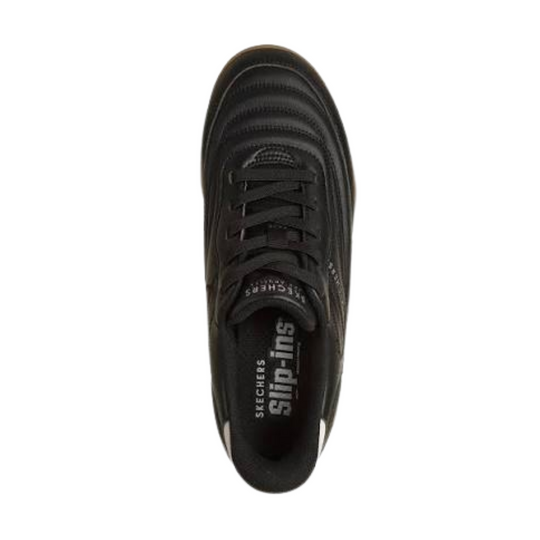 A black Skechers slip-on shoe shown from a top-down view on a solid white background.