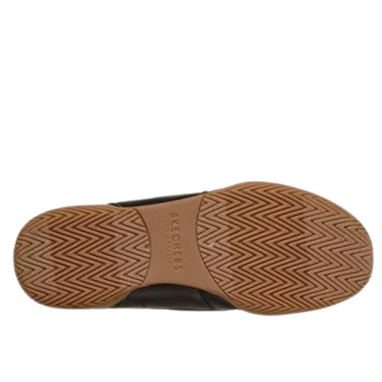 Top-down view of a Skechers shoe sole, showing a brown herringbone-patterned rubber tread and a tan brand embossed in the center.