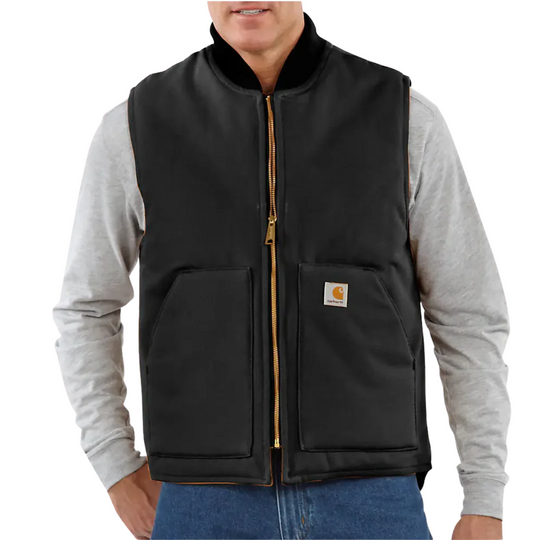 Carhartt Men's Relaxed Fit Firm Duck Insulated Rib Collar Vest - Black on a male model on a white background. 
