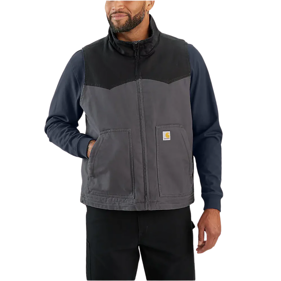 Carhartt Men's Montana Rugged Flex Duck Vest - Shadow/Black on a male model on a white background.