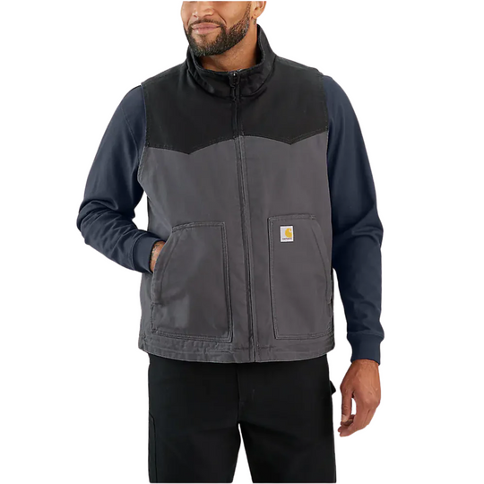 Carhartt Men's Montana Rugged Flex Duck Vest - Shadow/Black on a male model on a white background.