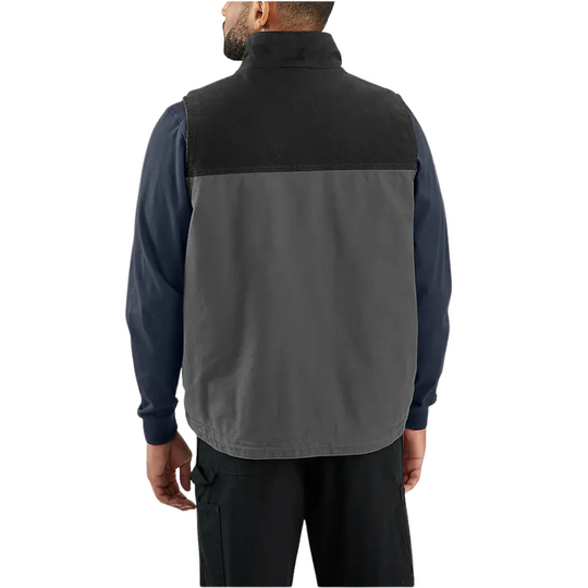 Carhartt Men's Montana Rugged Flex Duck Vest - Shadow/Black on a male model on a white background.