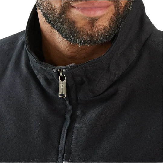 Carhartt Men's Montana Rugged Flex Duck Vest - Shadow/Black on a male model on a white background. Zoomed in on zipper.