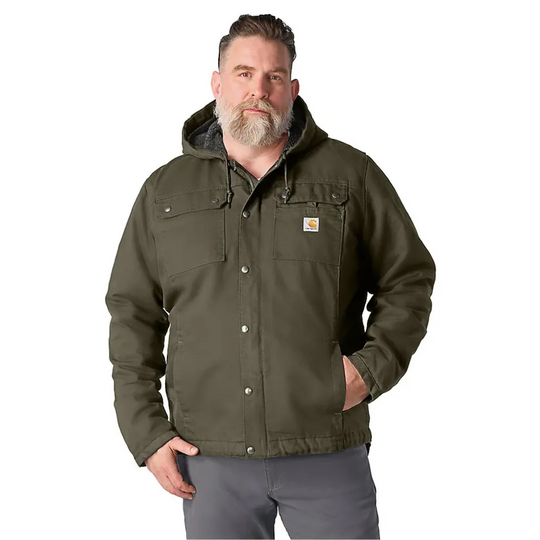 Carhartt Men's Washed Bartlett Jacket - Moss on a male model on a white background.