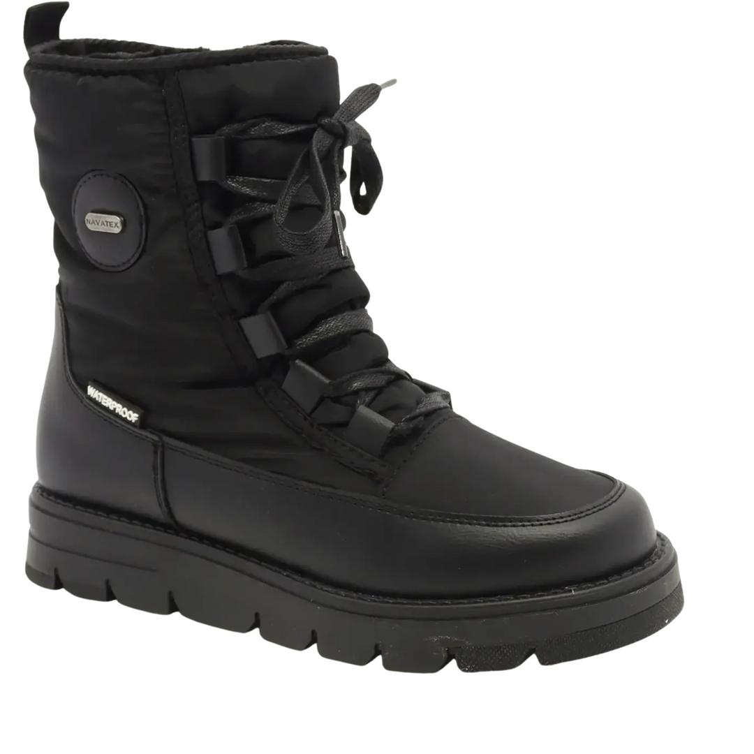 Navatex Women's Lo Lace Side Zip Winter Boots - Black on a white background.