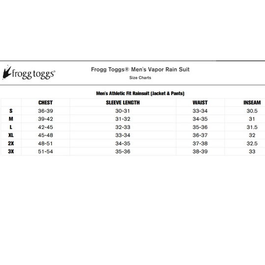 Frogg Toggs Size Chart For Vapor Rain Suit