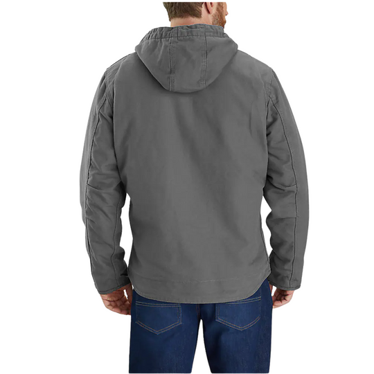 Carhartt Men's Relaxed Fit Washed Duck Sherpa Lined Jacket - Gravel on a male model on a white background.