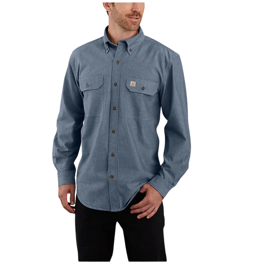 Carhartt Men's Fort Loose Long Sleeve Shirt - Denim Blue Chambray On a Male Model On a White background.