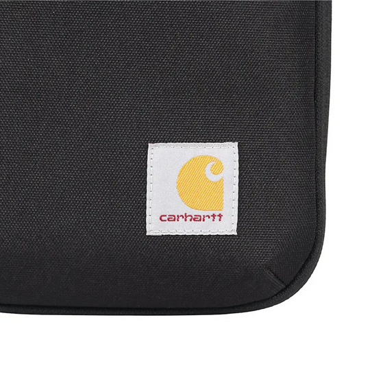 Carhartt Utility Soft Sided Organizer - Black On a White background. Zoomed in on Carhartt logo.