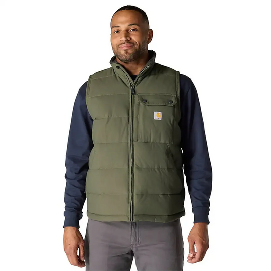 Carhartt Men's Montana Loose Fit Insulated Vest - Moss on a male model on a white background.