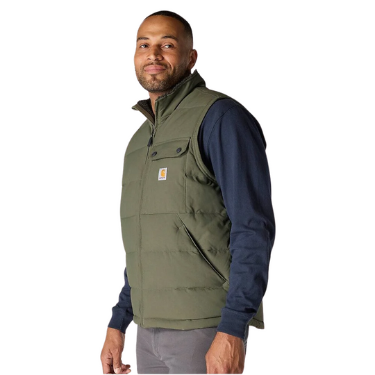 Carhartt Men's Montana Loose Fit Insulated Vest - Moss on a male model on a white background.