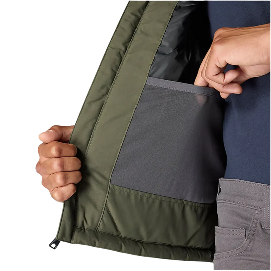 Carhartt Men's Montana Loose Fit Insulated Vest - Moss on a male model on a white background. Interior of mesh pocket.
