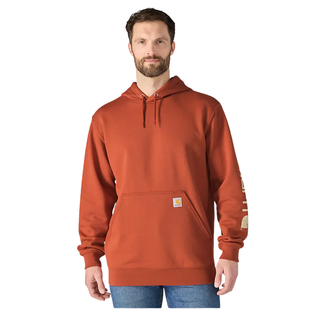 Carhartt Men's Midweight Hooded Logo Sweatshirt - Homestead Red on a male model on a white background.