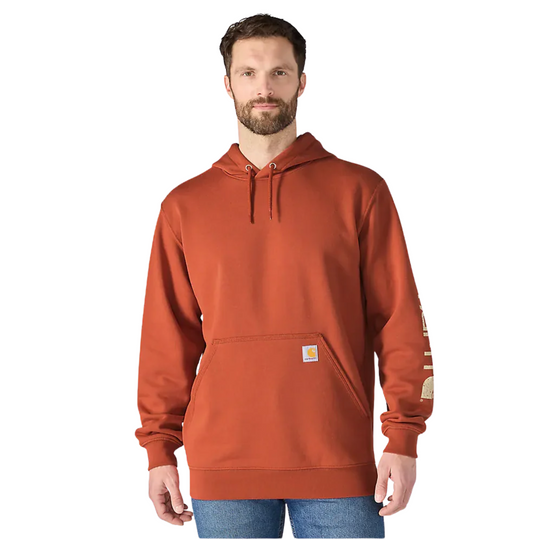 Carhartt Men's Midweight Hooded Logo Sweatshirt - Homestead Red on a male model on a white background.