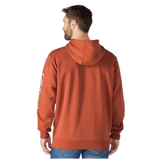 Carhartt Men's Midweight Hooded Logo Sweatshirt - Homestead Red on a male model on a white background.