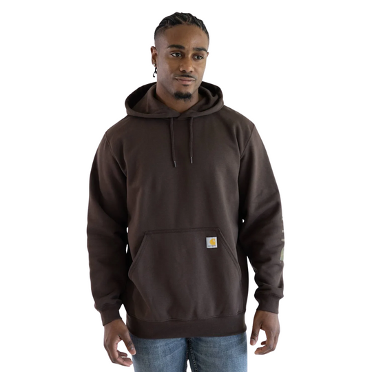 Carhartt Men's Midweight Hooded Logo Sweatshirt - Dark Clove on a male model on a white background.